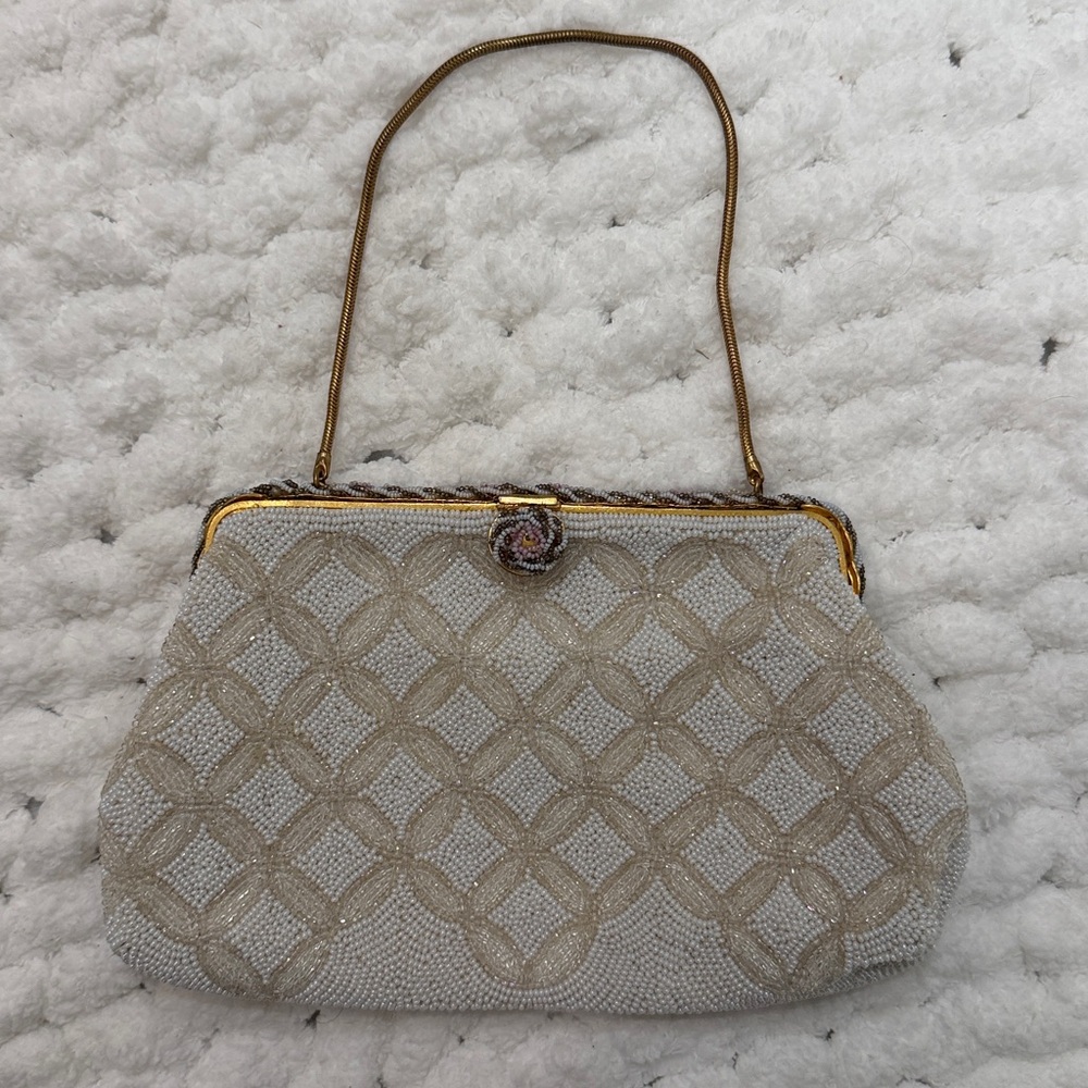 Saks Fifth Avenue EUC Vintage Beaded Clutch Bag w Rose Clasp and accents chain